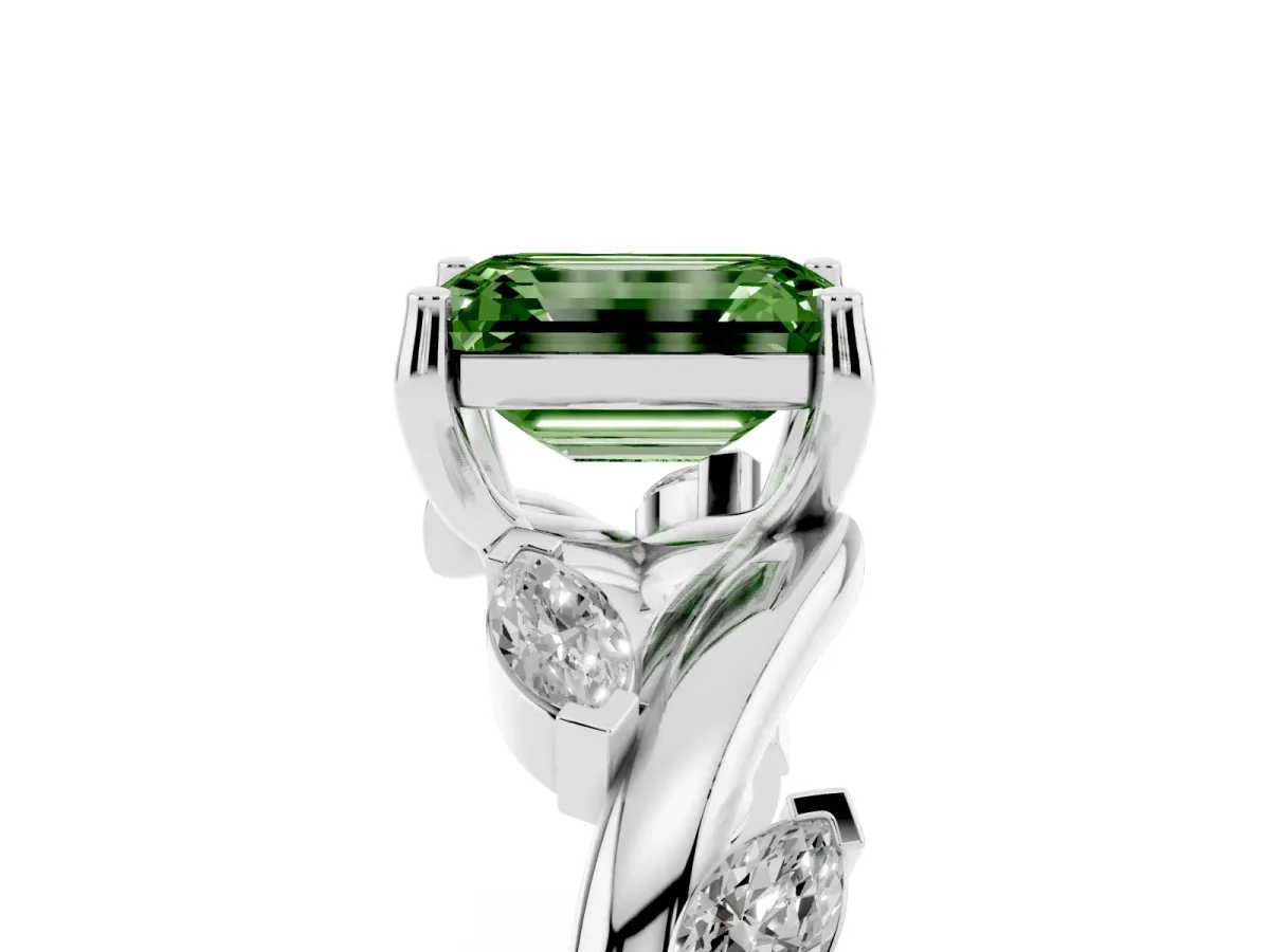 Fancy Green Emerald Cut Solitaire Twisted Band Marquise Accent Prong Setting Ring White gold