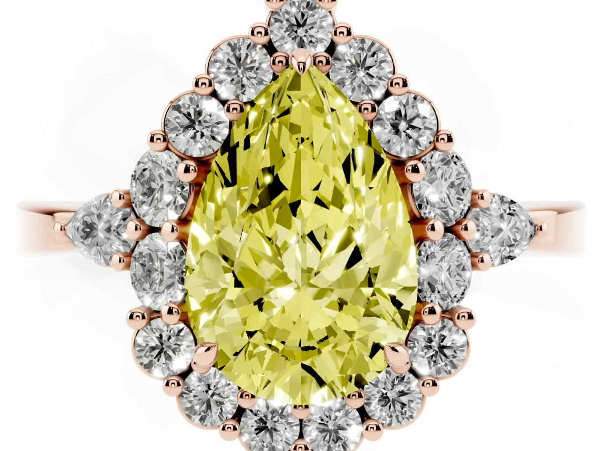 Fancy Yellow Pear Cut Diamond Halo Ring with Pear Side Stones and Prong Setting Rose gold