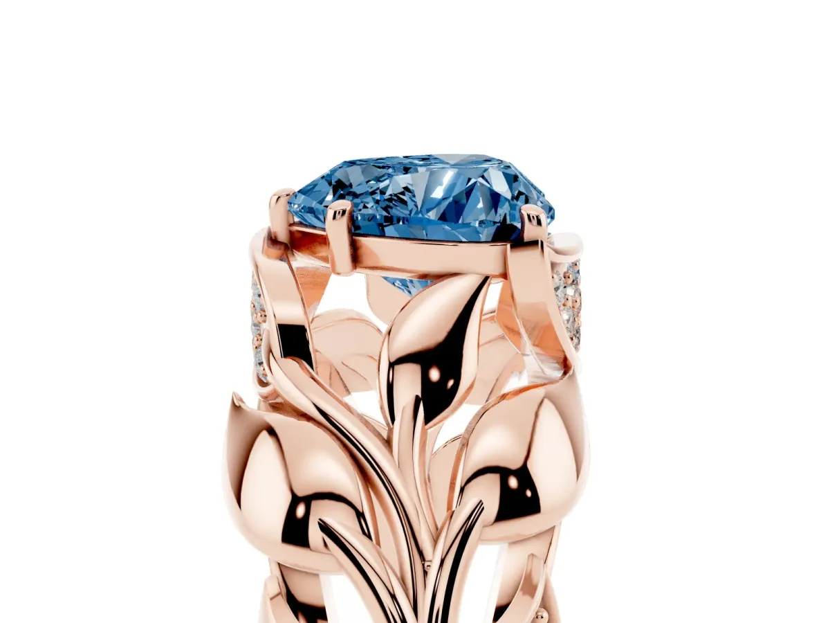 Fancy Blue Heart Cut Diamond Leaf-Inspired Engagement Ring with Round Accents and Prong Setting Rose gold