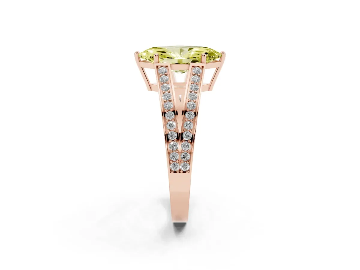 Fancy Yellow Marquise Cut Diamond Split Shank Ring with Pavé Band and Four-Prong Setting Rose gold