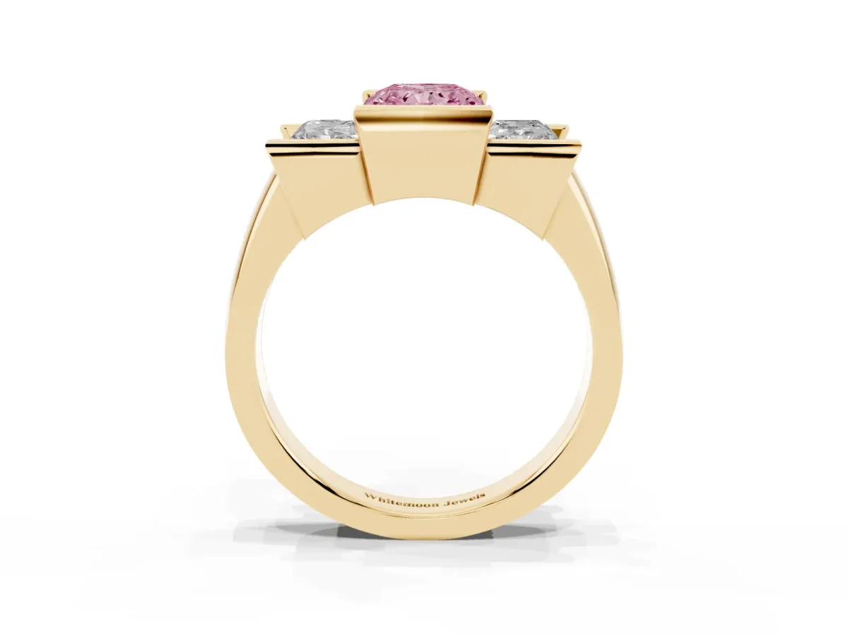 Fancy Pink Three Stone Radiant Cut Cut Channel Set Diamond Ring Yellow gold