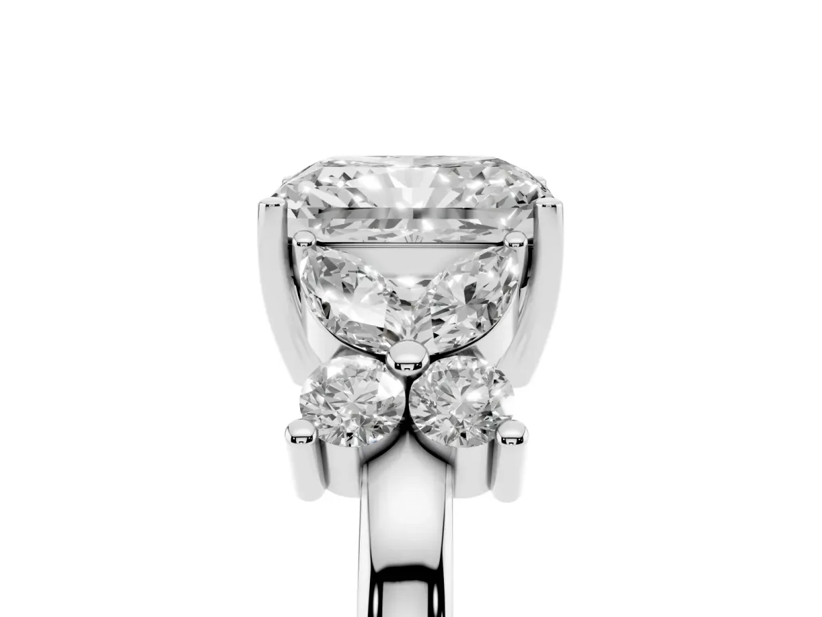 Radiant Cut Diamond Floral Cluster Ring with Solitaire Band and Prong Setting Silver