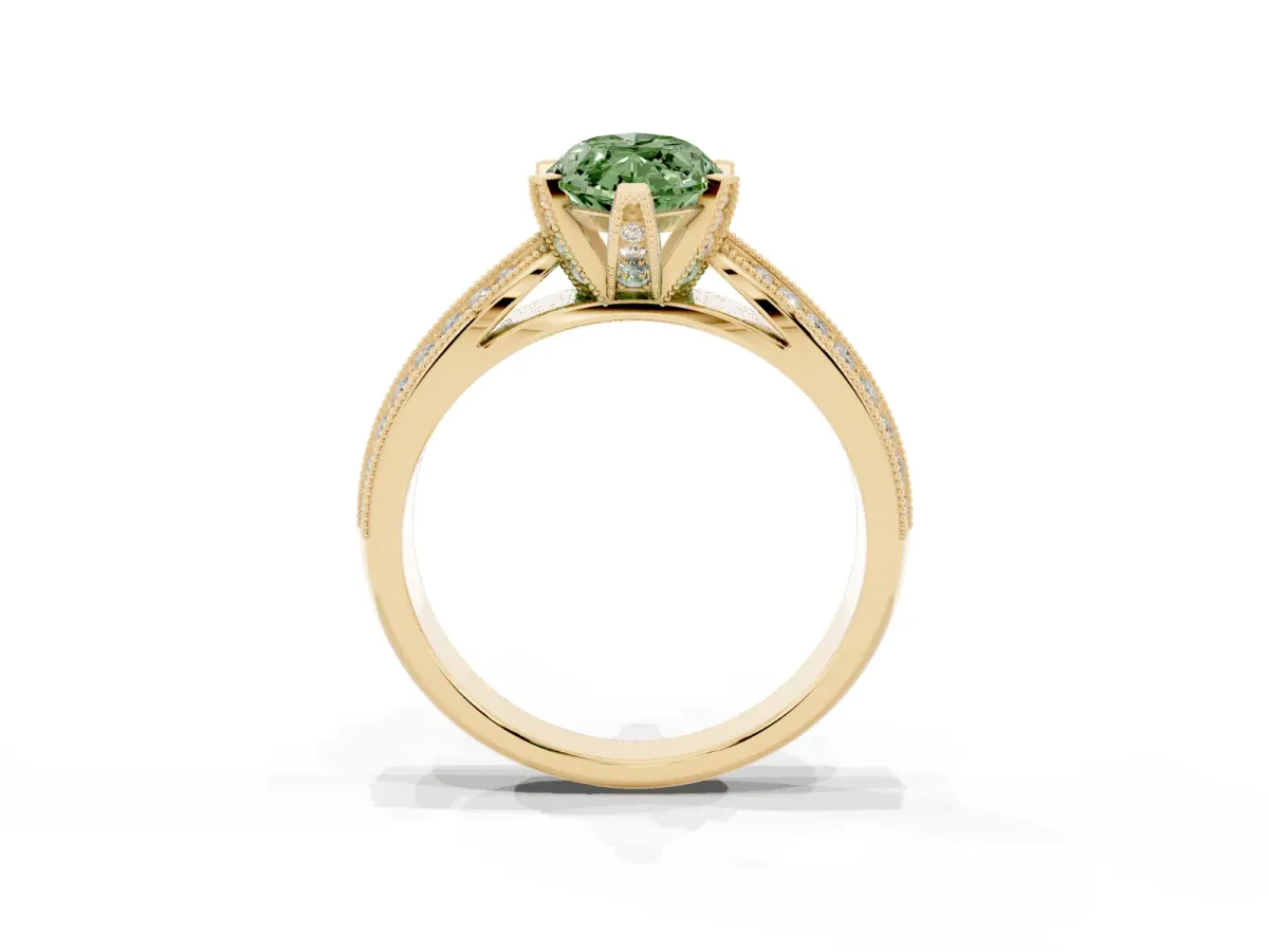 Fancy Green Marquise Cut Diamond Solitaire Ring with Milgrain Round Pavé Band and Prong Setting Yellow gold