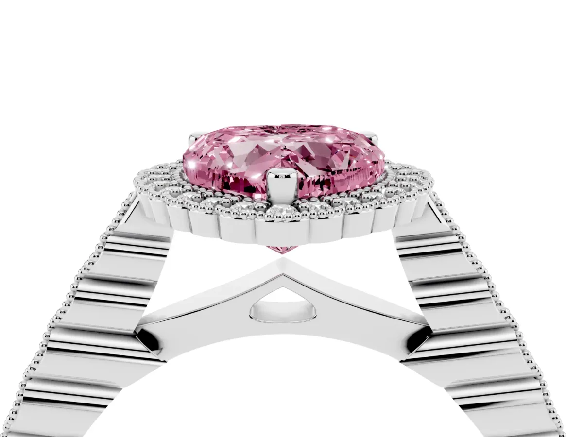 Fancy Pink Heart Cut Cut Halo Pavé Solitaire Ring with Milgrain Band Platinum