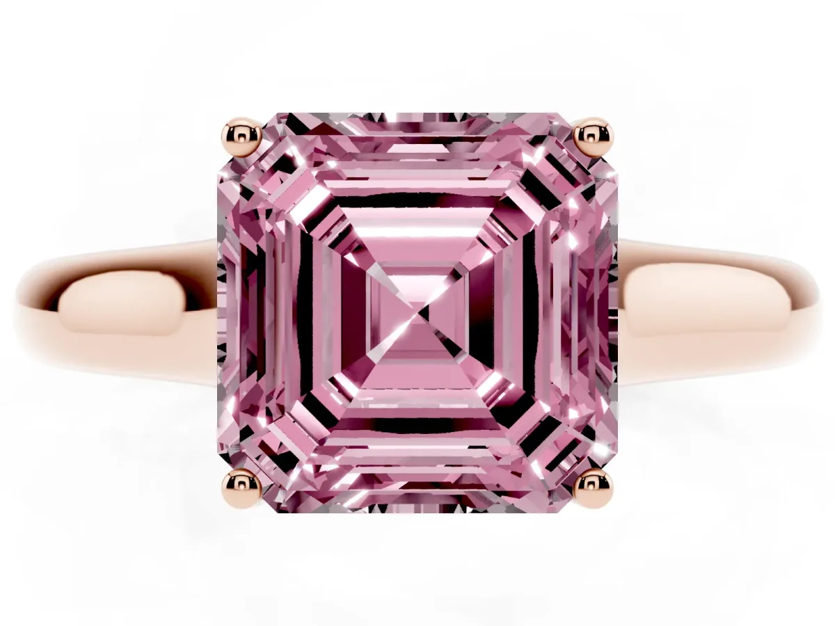 Fancy Pink Asscher Cut Solitaire Engagement Ring with Tapered Band and Four-Prong Setting Rose gold