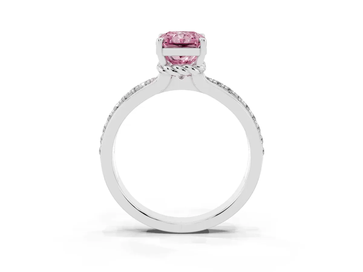 Fancy Pink Radiant Cut Solitaire Diamond Ring with Channel Set Band and Six-Prong Setting Silver