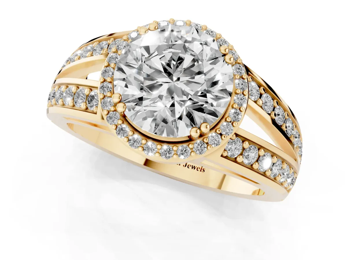 Round Cut Diamond Halo Ring with Split Shank Pavé Band and Four-Prong Setting Yellow gold