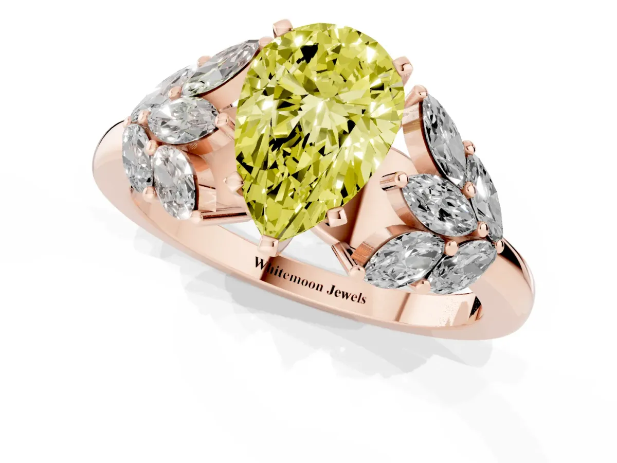Fancy Yellow Pear Cut Diamond Cluster Leaf Design Ring with Prong Setting Rose gold