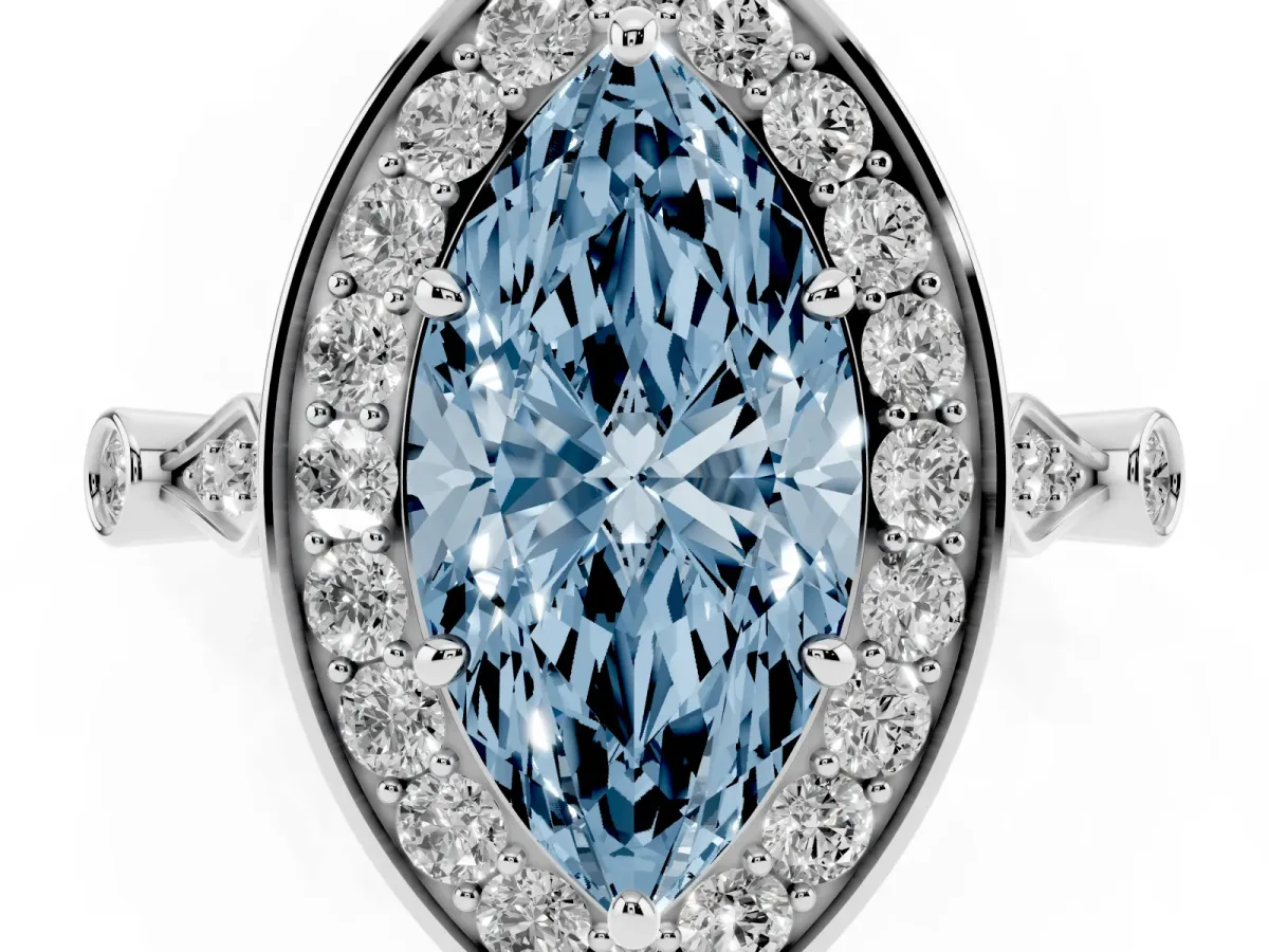 Fancy Blue Marquise Cut Halo Diamond Engagement Ring with Twisted Band and Four-Prong Setting White gold