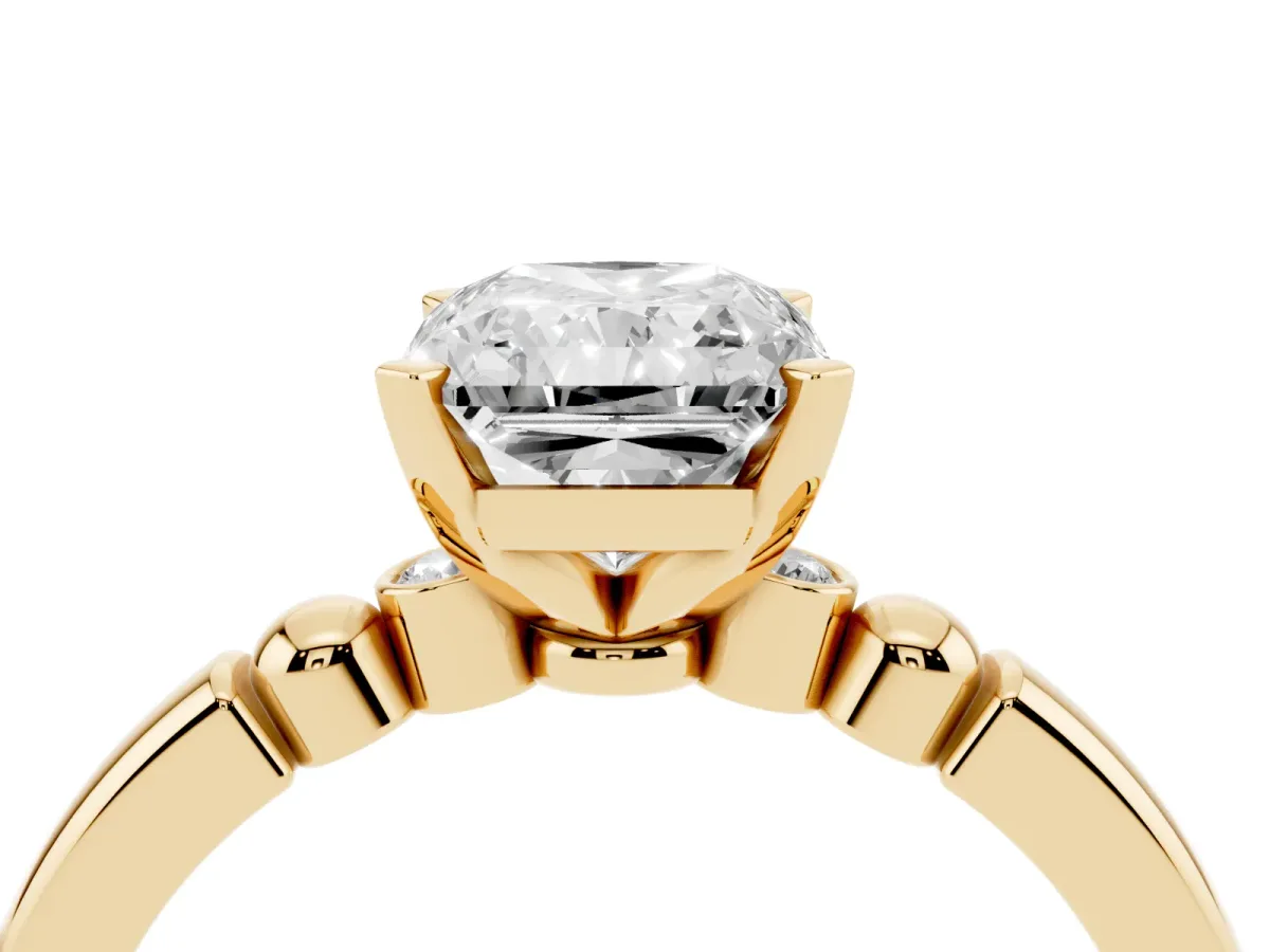 Radiant Cut Solitaire Beaded Band with Four-Prong Setting Yellow gold