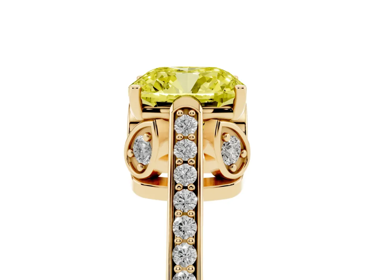 Fancy Yellow Cushion Cut Cut Cathedral Pave Diamond Engagement Ring with Six-Prong Setting Yellow gold