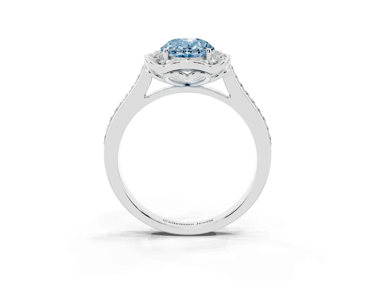 Fancy Blue Oval Cut Halo Round Diamond Pave Band with Four-Prong Setting Silver