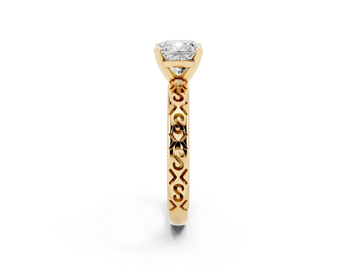 Cushion Cut Solitaire Engagement Ring with Scrollwork Band and Four-Prong Setting Yellow gold