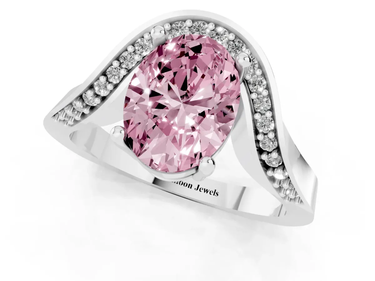 Fancy Pink Oval Cut Solitaire Diamond Engagement Ring with Pave Band and Four-Prong Setting Silver