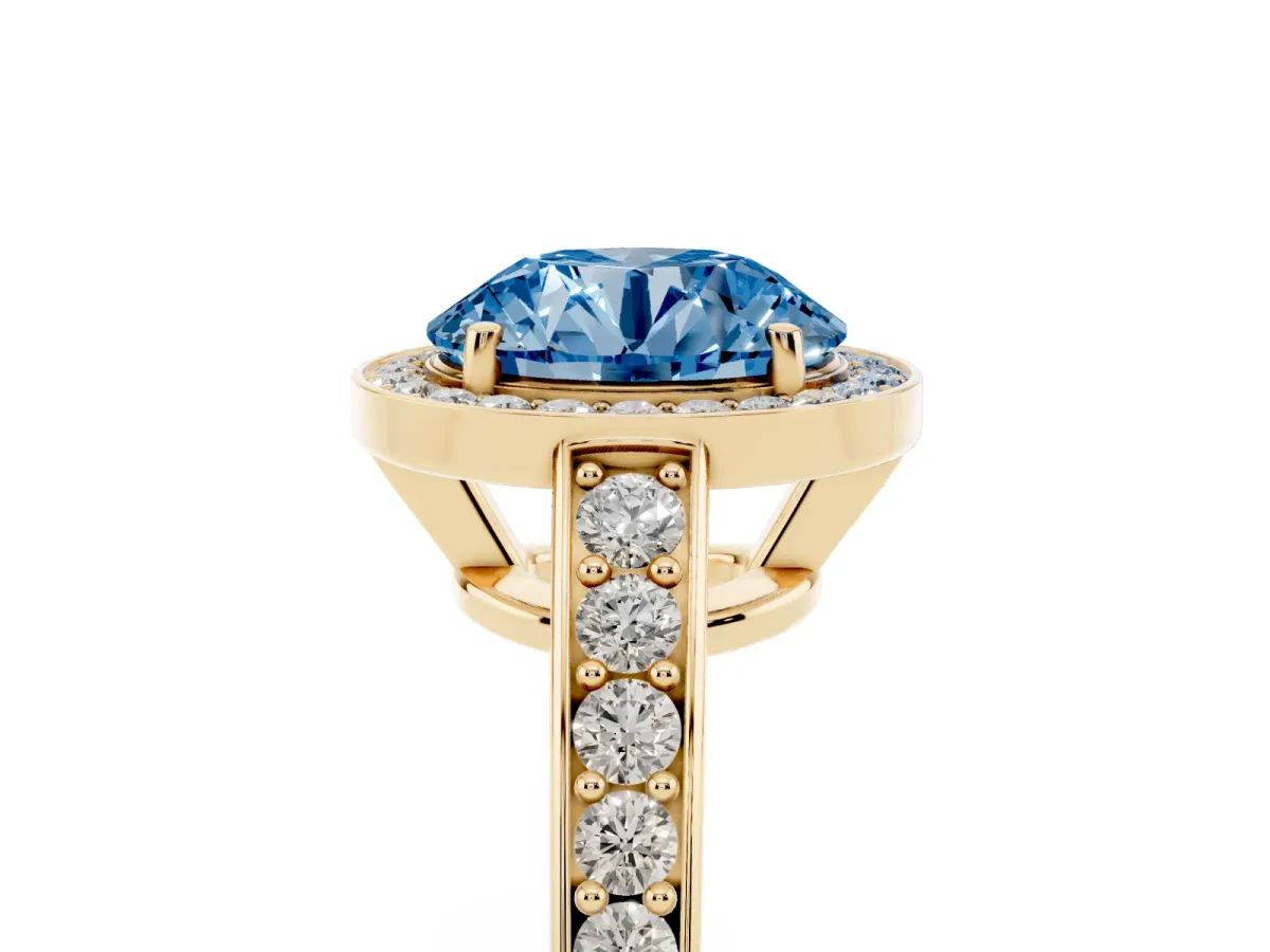 Fancy Blue Round Cut Halo Pavé Diamond Engagement Ring with Bezel Setting Yellow gold