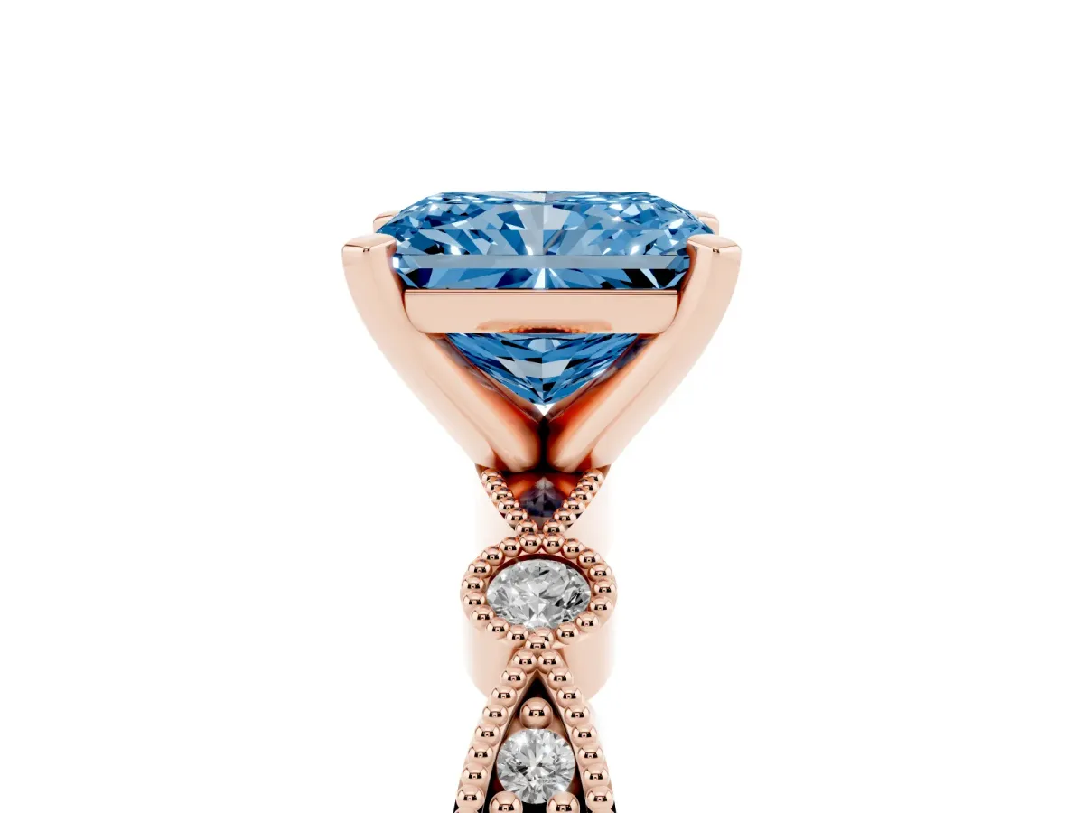 Fancy Blue Radiant Cut Milgrain Bezel Diamond Engagement Ring with Solitaire Prong Setting Rose gold