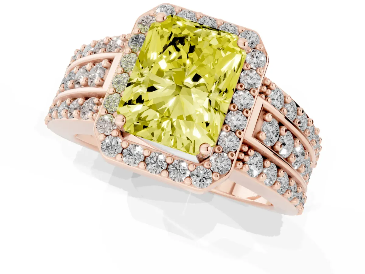 Fancy Yellow Radiant Cut Halo Diamond Ring with Round Split Shank and Prong Setting Rose gold