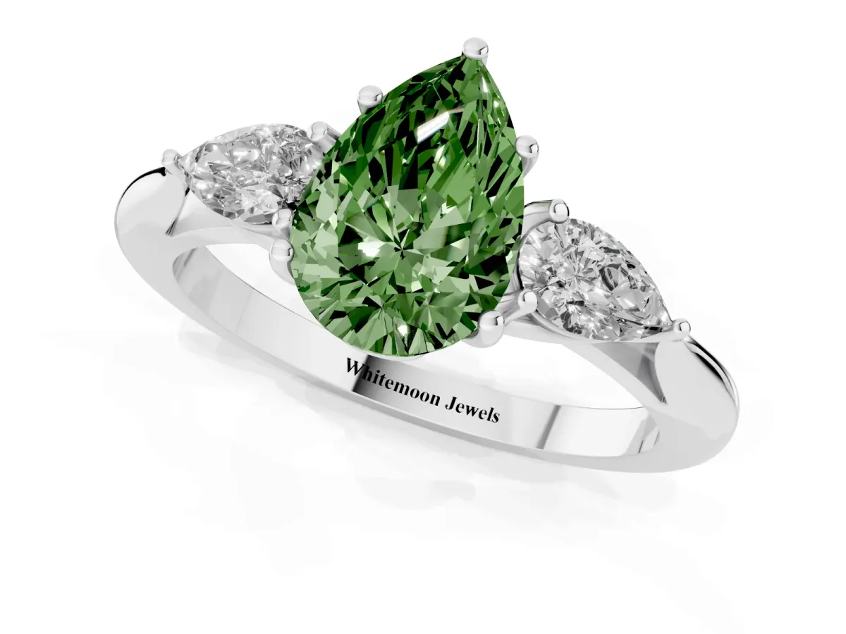 Fancy Green Pear Cut Diamond Three-Stone Ring with Pear Side Stones and Prong Setting Platinum