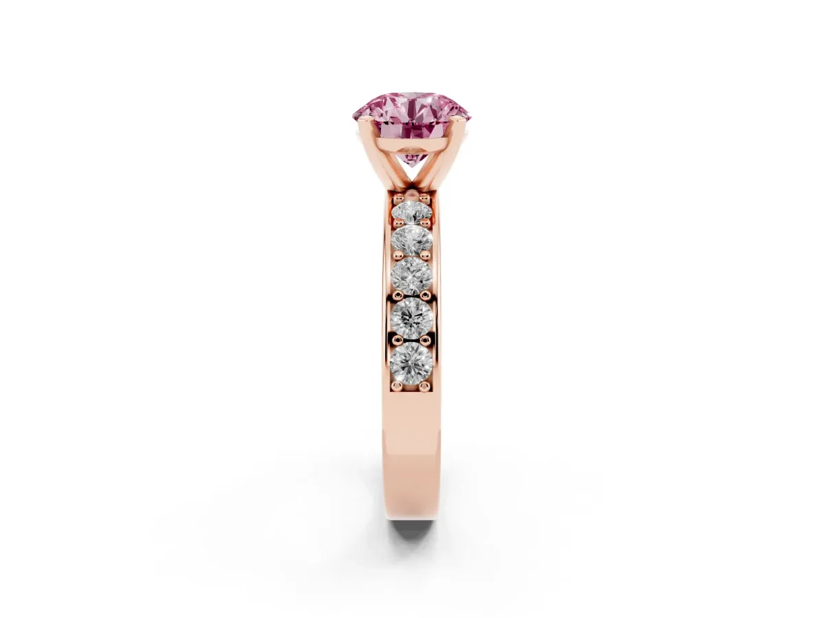 Fancy Pink Round Cut Diamond Engagement Ring with Channel Set Round Band and Prong Setting Rose gold