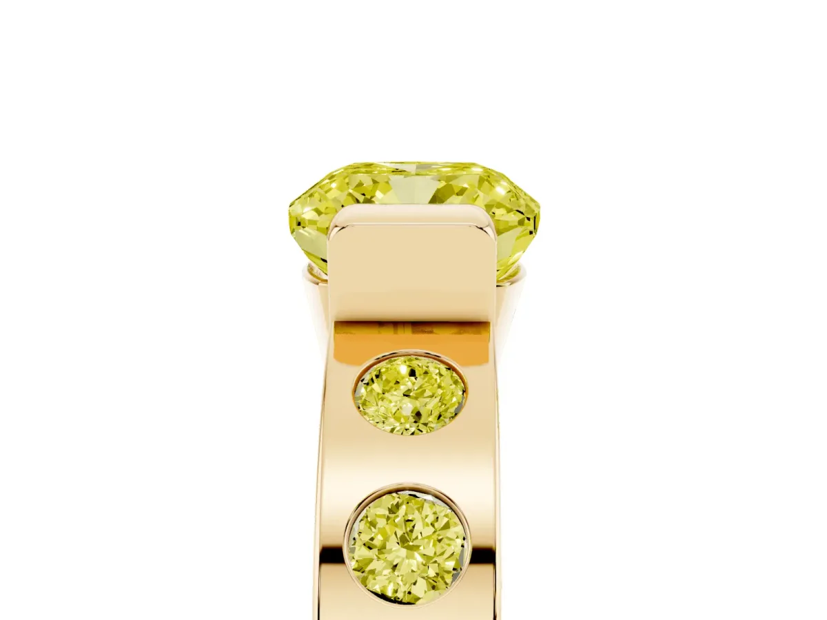 Fancy Yellow Cushion Cut Brilliant Channel-Set Diamond Ring with Bezel Prong Setting Yellow gold