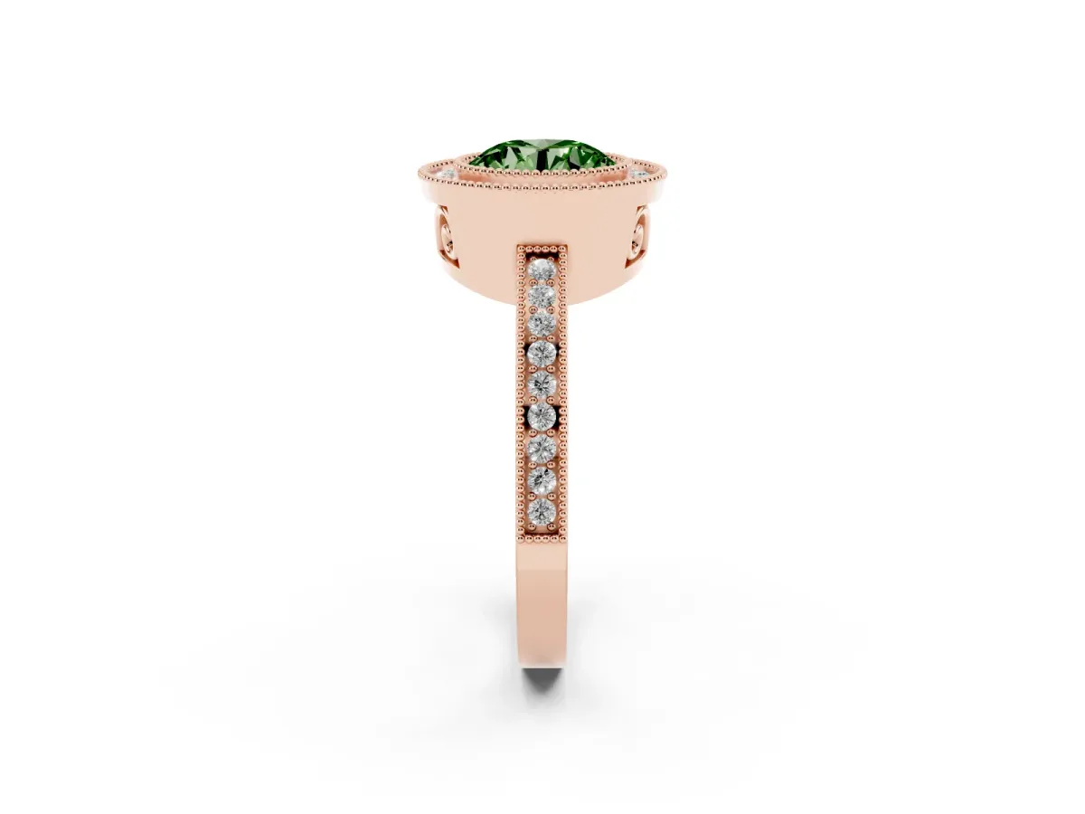 Fancy Green Round Cut Cut Halo Diamond Ring with Pavé Band and Milgrain Prong Setting Rose gold