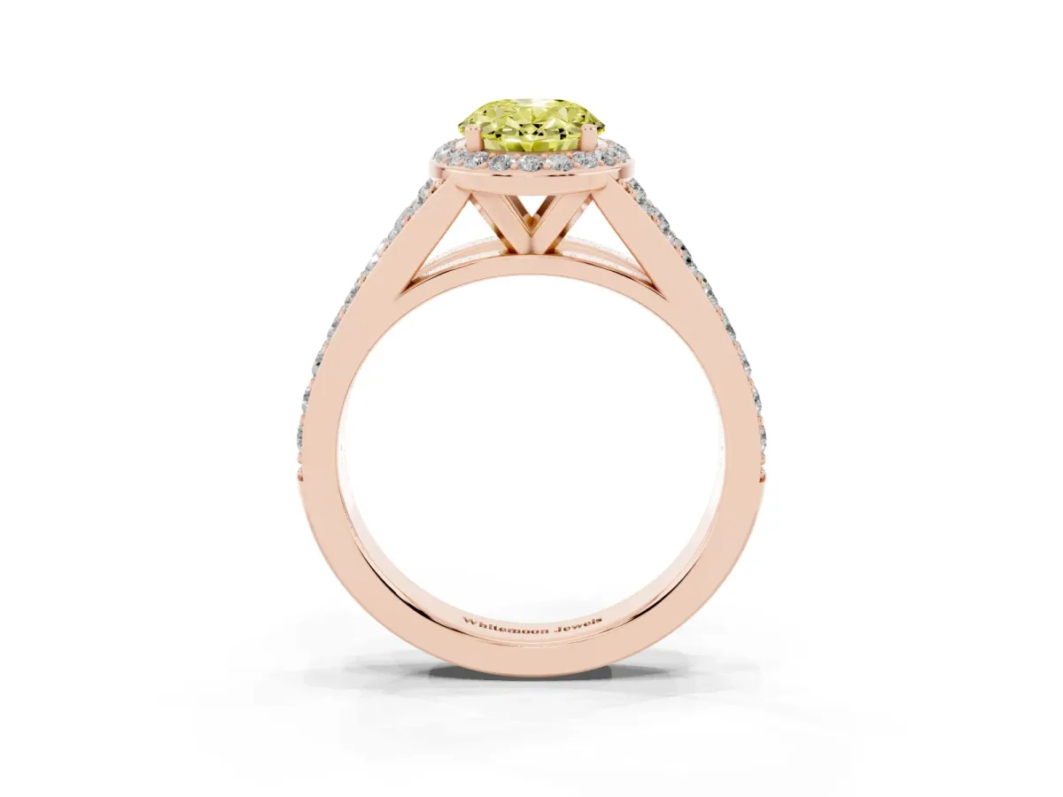 Fancy Yellow Oval Cut Diamond Split Shank Halo Ring with Four-Prong Setting Rose gold