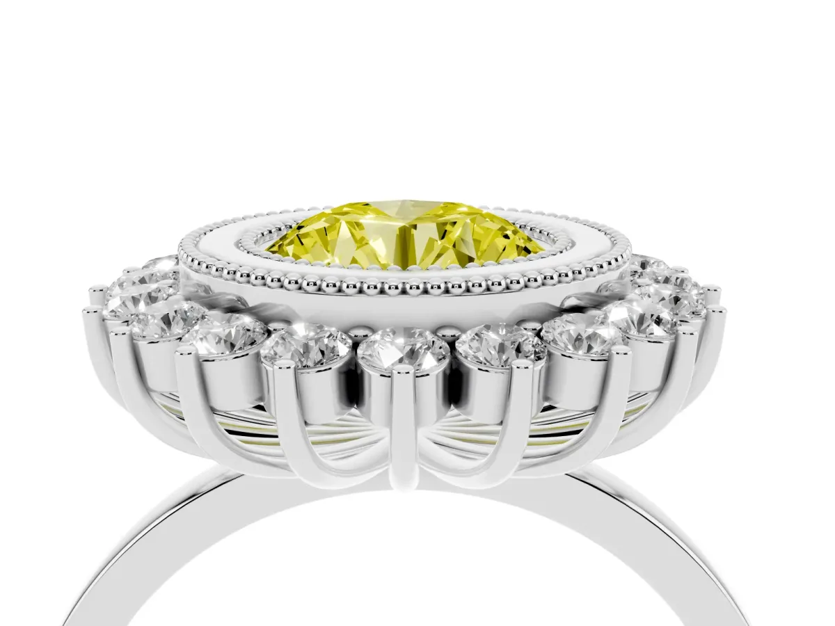 Fancy Yellow Round Cut Halo Diamond Ring with Milgrain Edge and Round Prong Setting Silver