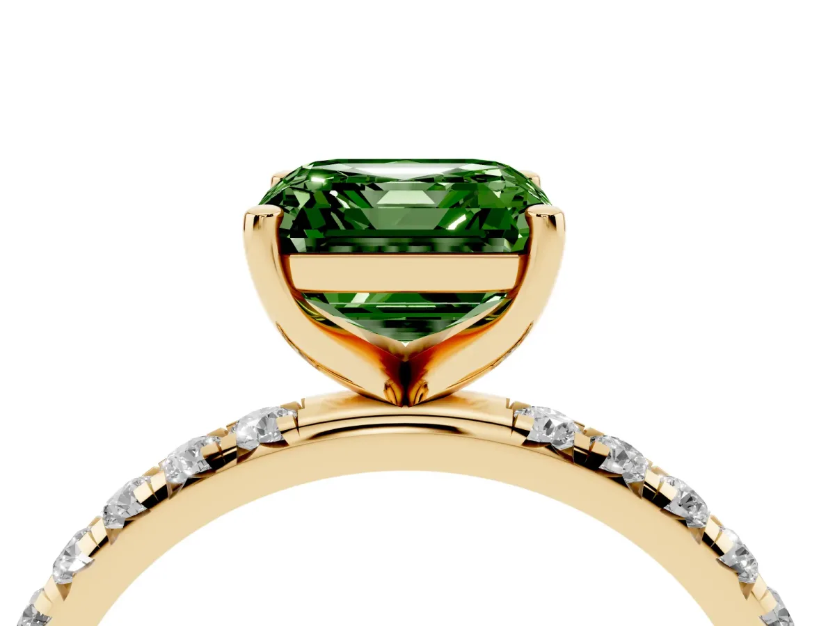 Fancy Green Asscher Cut Cut Diamond Solitaire Ring with Micro Pave Band and Four Prong Setting Yellow gold