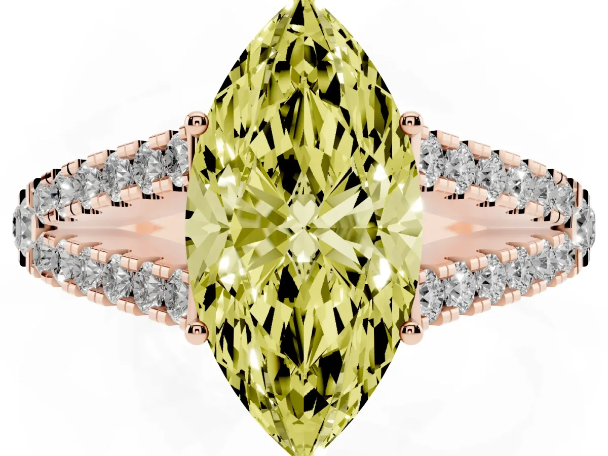 Fancy Yellow Marquise Cut Diamond Split Shank Engagement Ring with Round Pavé and Prong Setting Rose gold