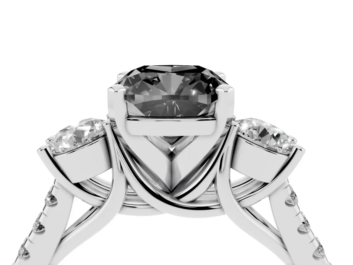 Fancy Black Three-Stone Cushion Cut Diamond Pavé Band with Four-Prong Setting Platinum