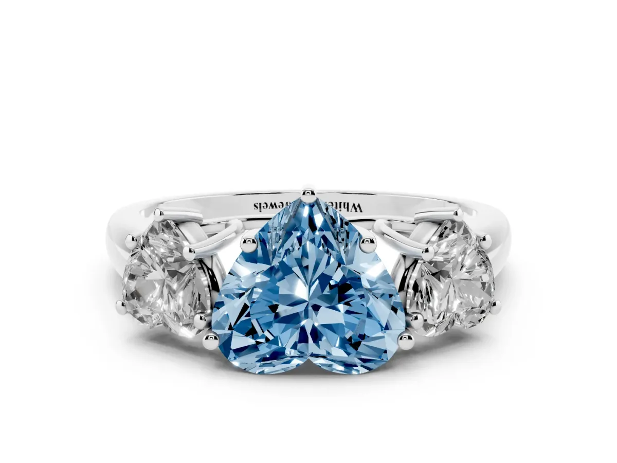 Fancy Blue Three-Stone Heart Cut Diamond Engagement Ring with Prong Setting White gold