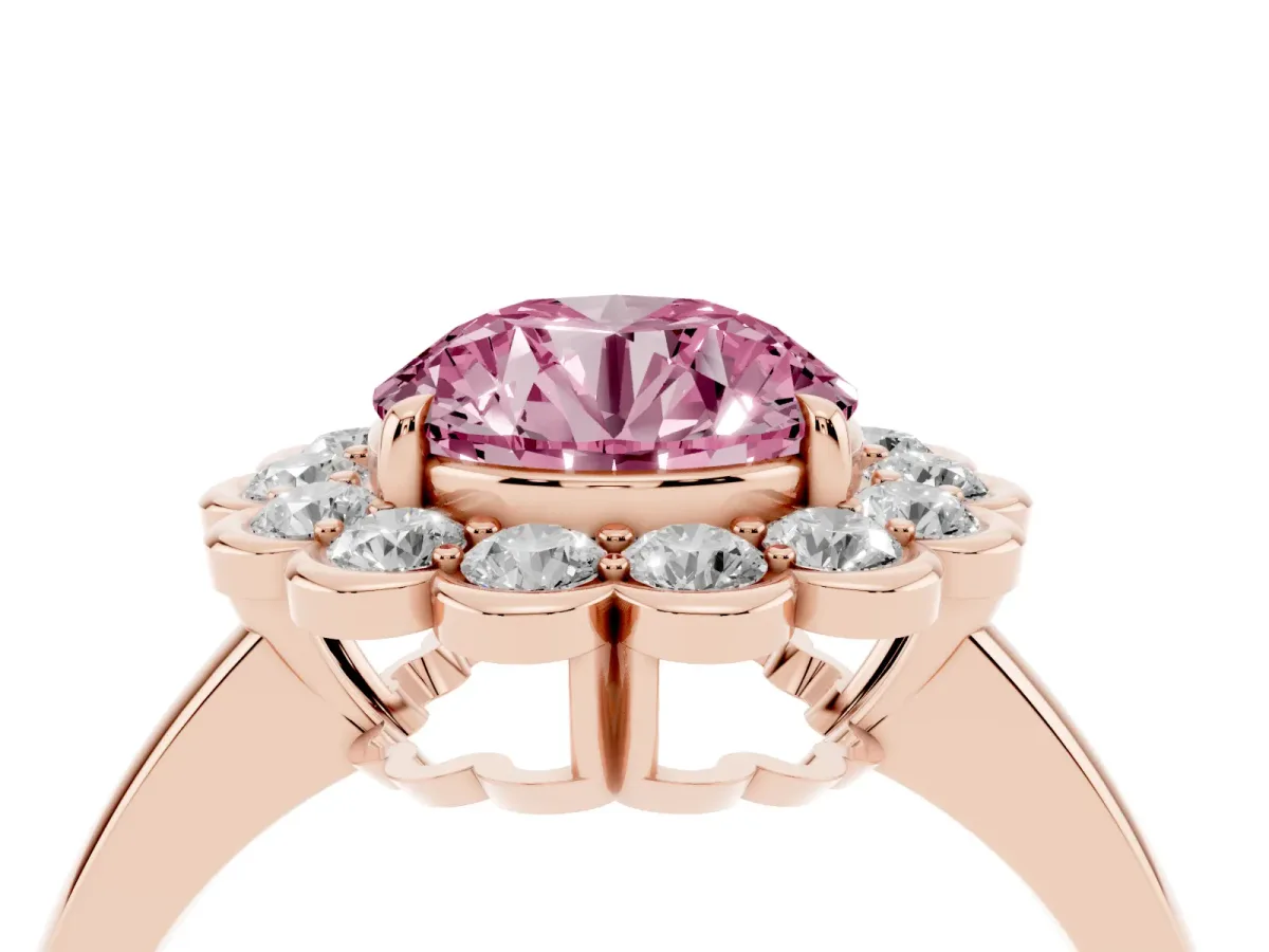 Fancy Pink Round Cut Halo Cluster Diamond Engagement Ring with Solitaire Band and Prong Setting Rose gold