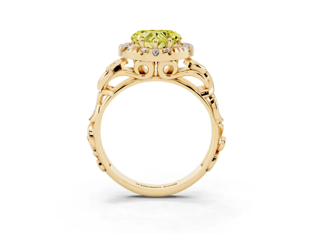 Fancy Yellow Heart Cut Cut Halo Diamond Ring with Scrollwork Band and Four-Prong Setting Yellow gold
