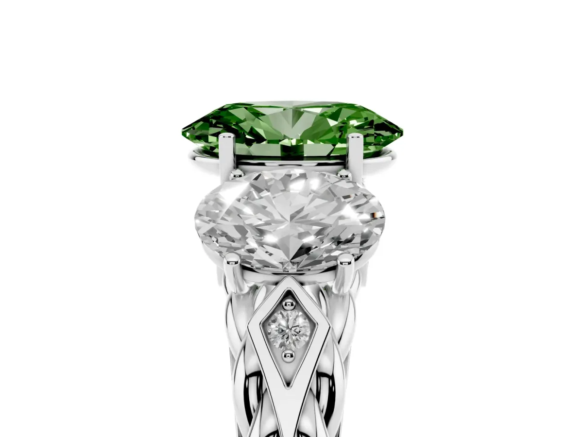 Fancy Green Three-Stone Oval Cut Diamond Braided Band Ring with Four-Prong Setting Silver