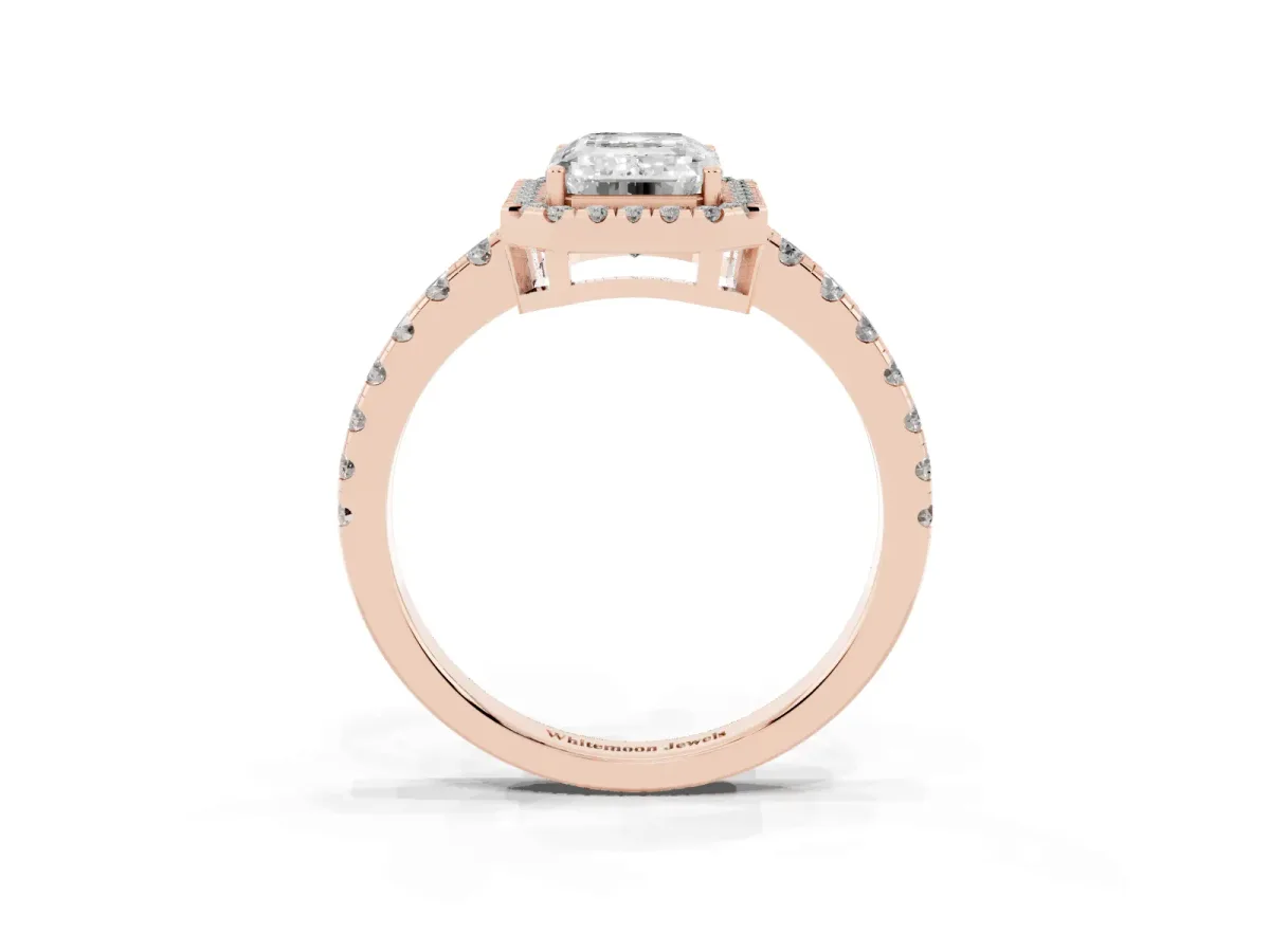 Emerald Cut Diamond Halo Ring with Pavé Band and Four-Prong Setting Rose gold