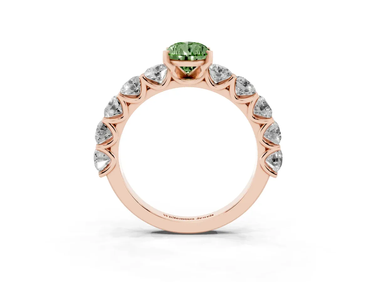 Fancy Green Pear Cut Diamond Prong Setting with Side Stones on a Pave Band Rose gold