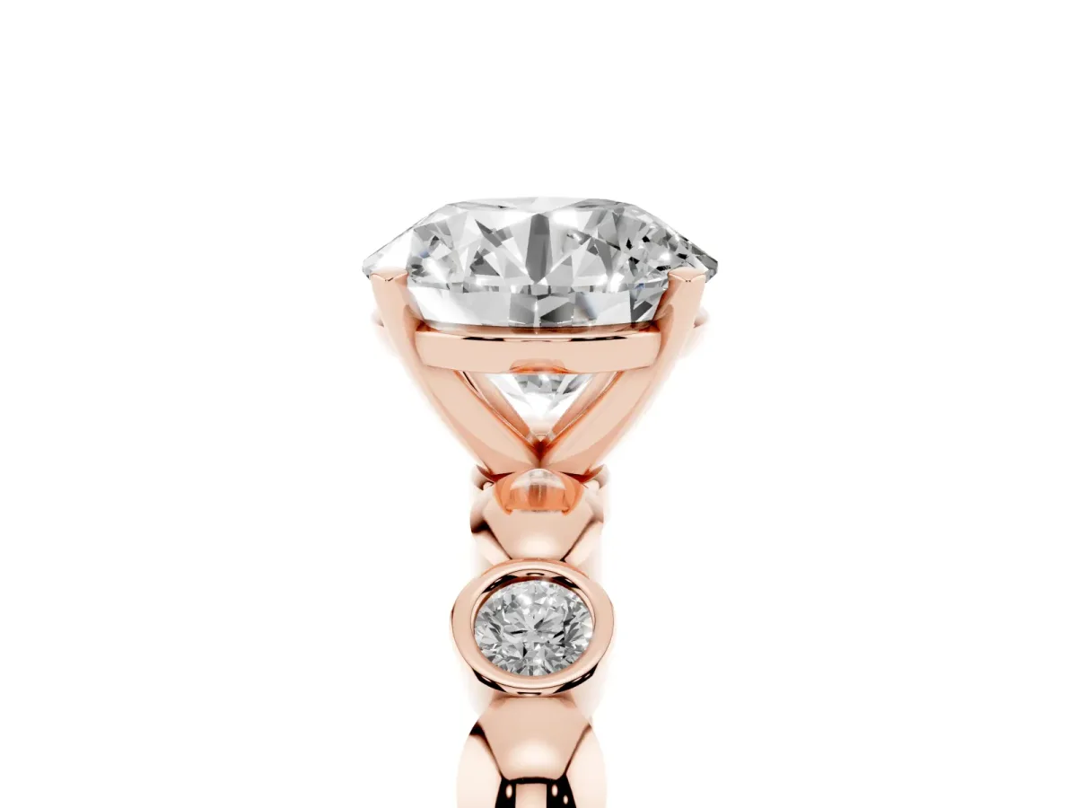 Round Cut Solitaire Bezel-Set Diamond Ring with Beaded Band and Four-Prong Setting Rose gold