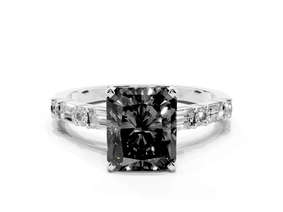 Fancy Black Radiant Cut Diamond Solitaire with Side Baguettes and Channel Set Band Silver