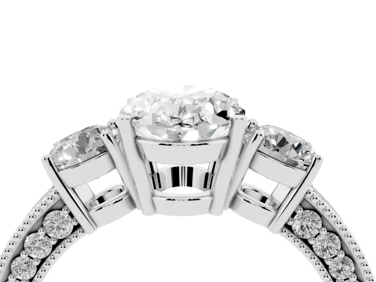 Oval Cut Three-Stone Diamond Ring with Pavé Band and Four-Prong Setting Silver