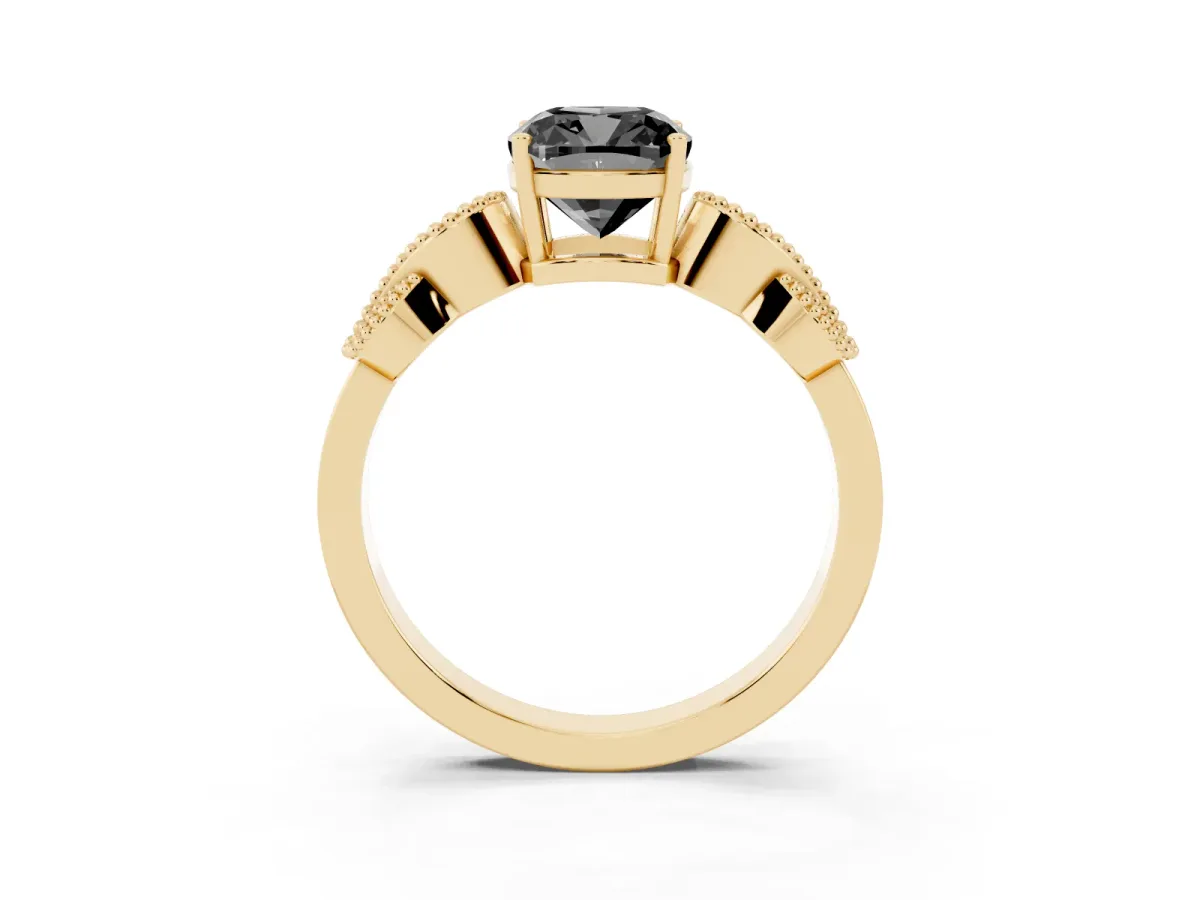 Fancy Black Cushion Cut Solitaire Milgrain Leaf Band with Prong Setting Yellow gold