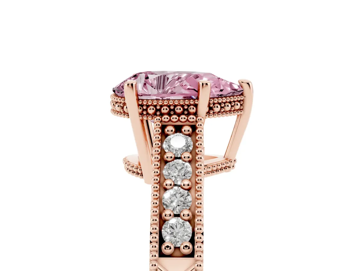 Fancy Pink Pear Cut Solitaire Pavé Diamond Milgrain Engagement Ring with Four-Prong Setting Rose gold