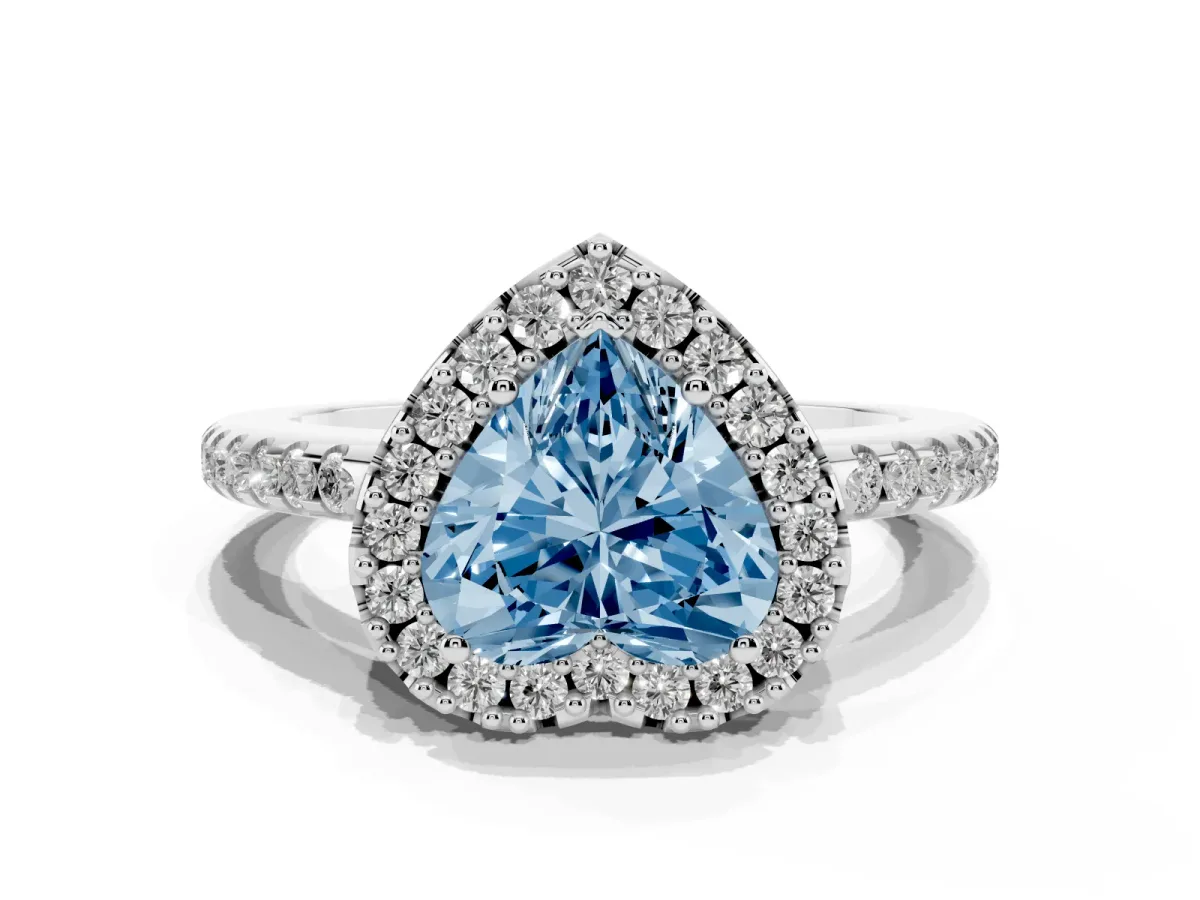 Fancy Blue Heart Cut Diamond Pavé Halo Ring with Four-Prong Setting Silver