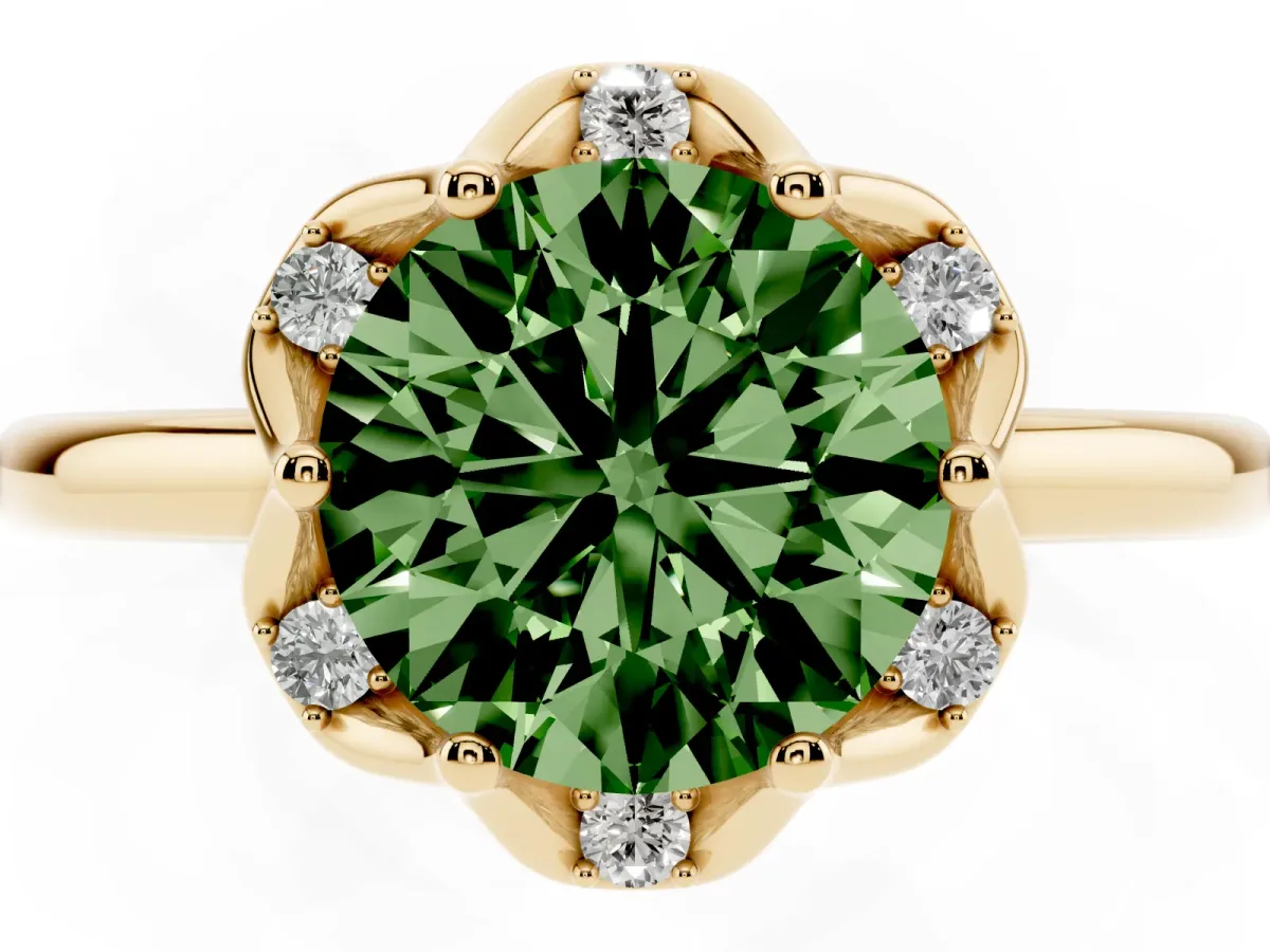 Fancy Green Round Cut Halo Diamond Ring with Round Cluster Setting, Solitaire Band, and Four-Prong Setting Yellow gold