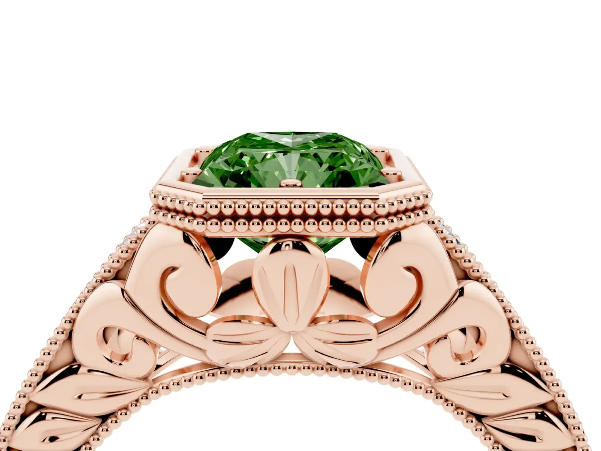 Fancy Green Bezel Set Radiant Cut Diamond Milgrain Pave Engagement Ring Rose gold