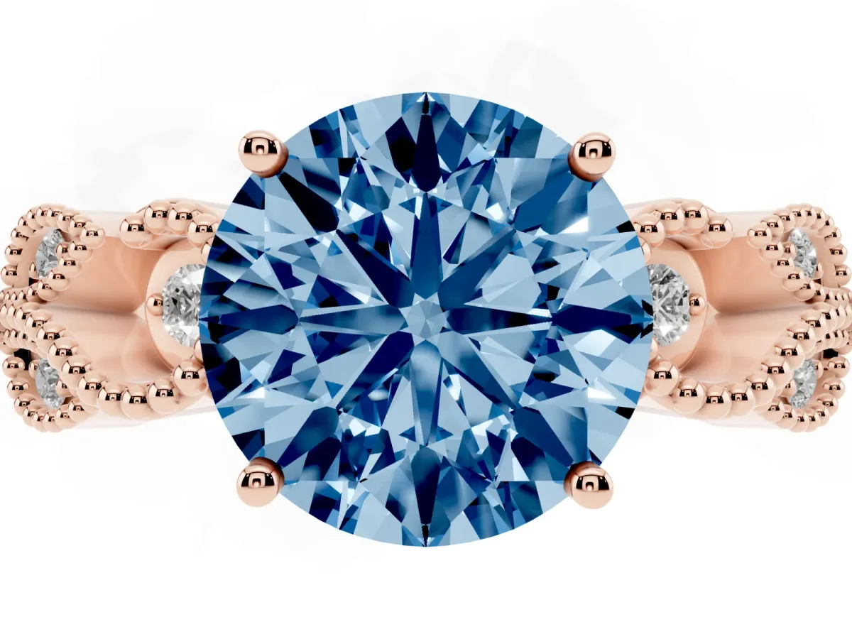 Fancy Blue Round Cut Solitaire Milgrain Leaf Band with Prong Setting Rose gold