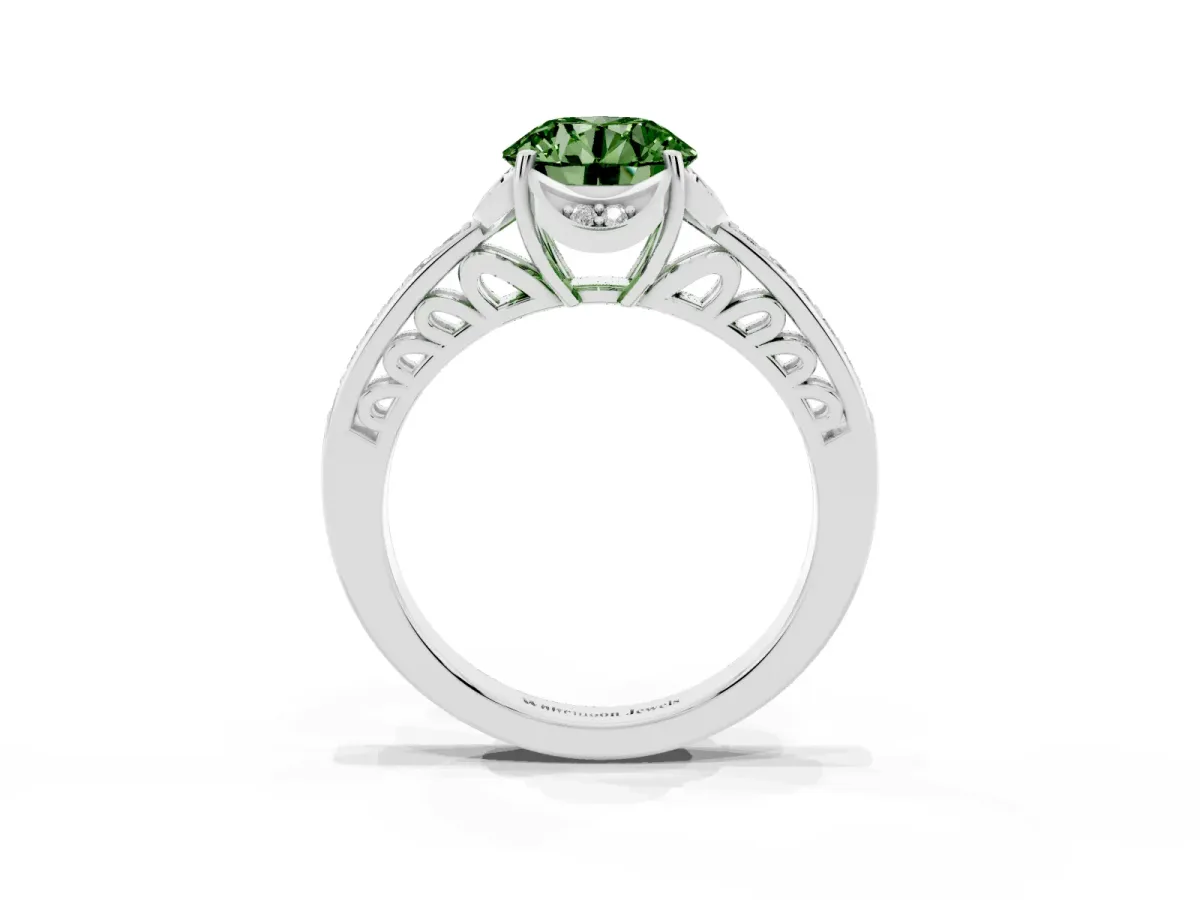 Fancy Green Round Cut Cut Halo Diamond Ring with Channel Set Band and Four-Prong Setting Silver