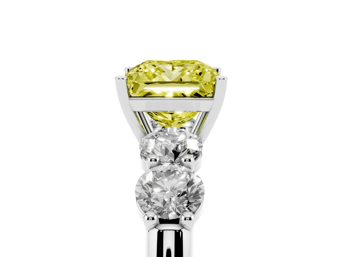 Fancy Yellow Princess Cut Cut Five-Stone Prong Set Diamond Ring with Classic Band Silver