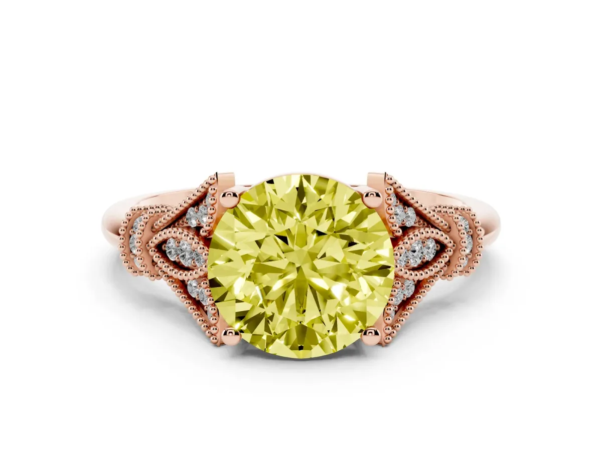 Fancy Yellow Round Cut Diamond Solitaire Ring with Floral Filigree and Pave Accents Rose gold