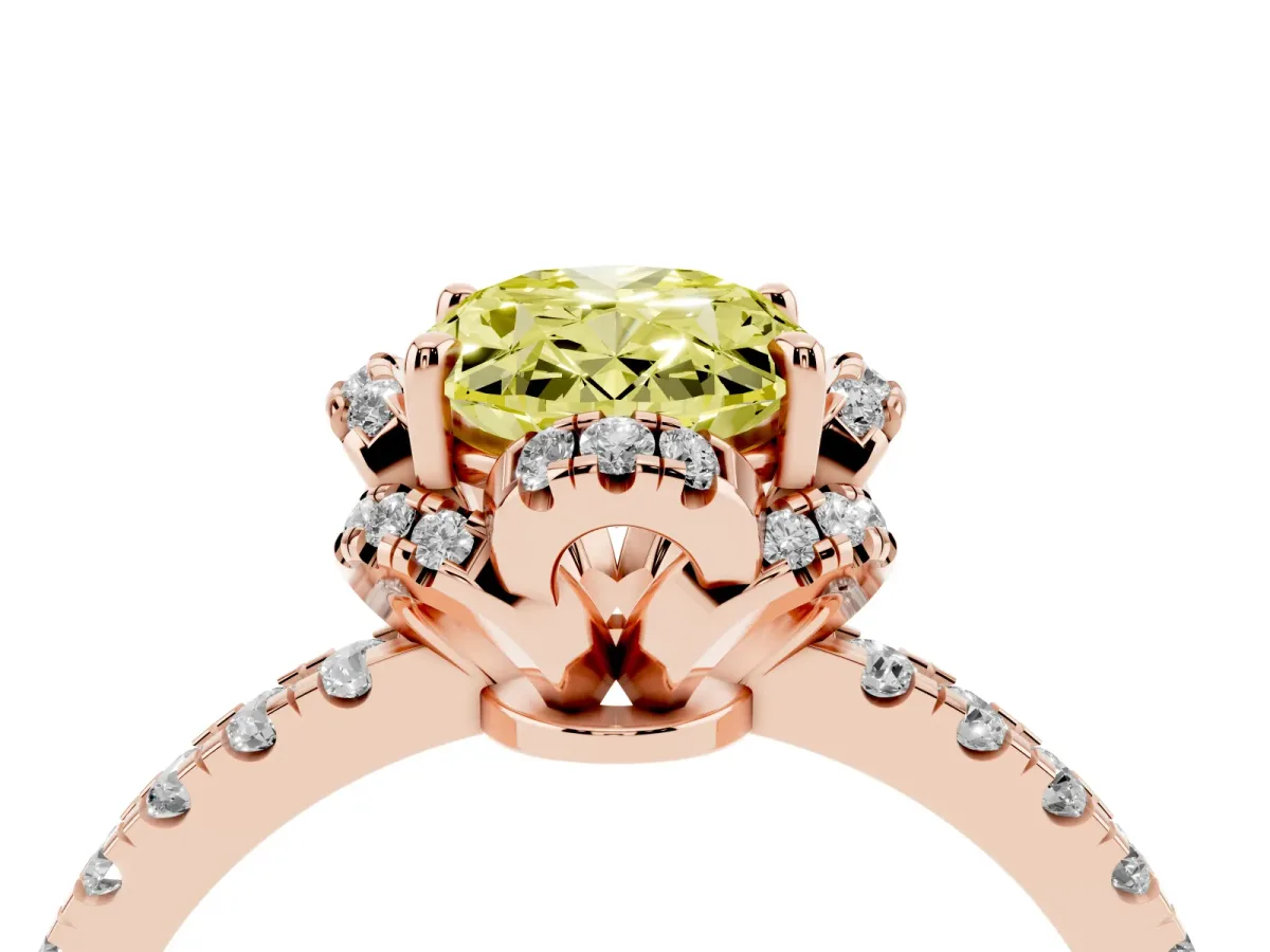 Fancy Yellow Oval Cut Halo Diamond Pave Band Ring with Four-Prong Setting Rose gold