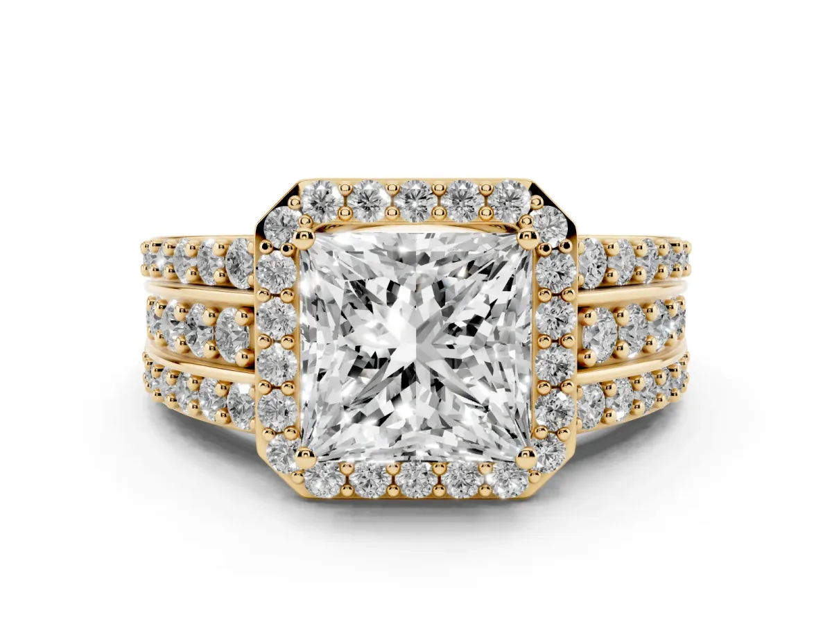 Princess Cut Halo Diamond Ring with Round Split Shank and Prong Setting Yellow gold